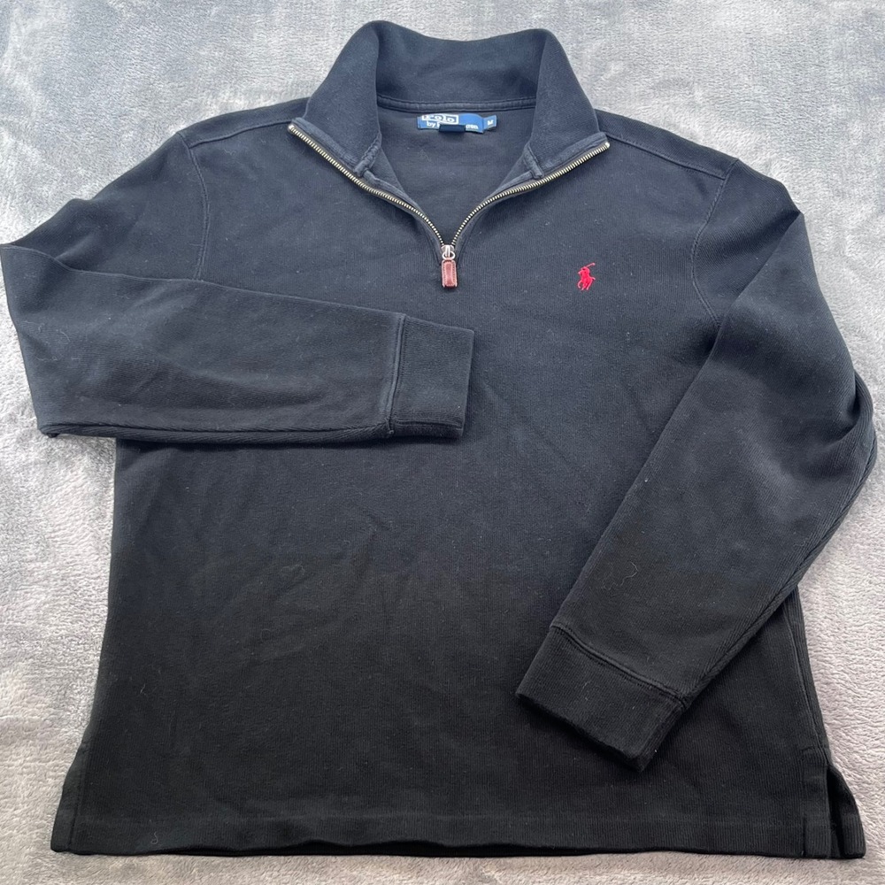 Polo Ralph Lauren Mens Black Quarter Zip Cotton Knit Pullover Sweater Size M